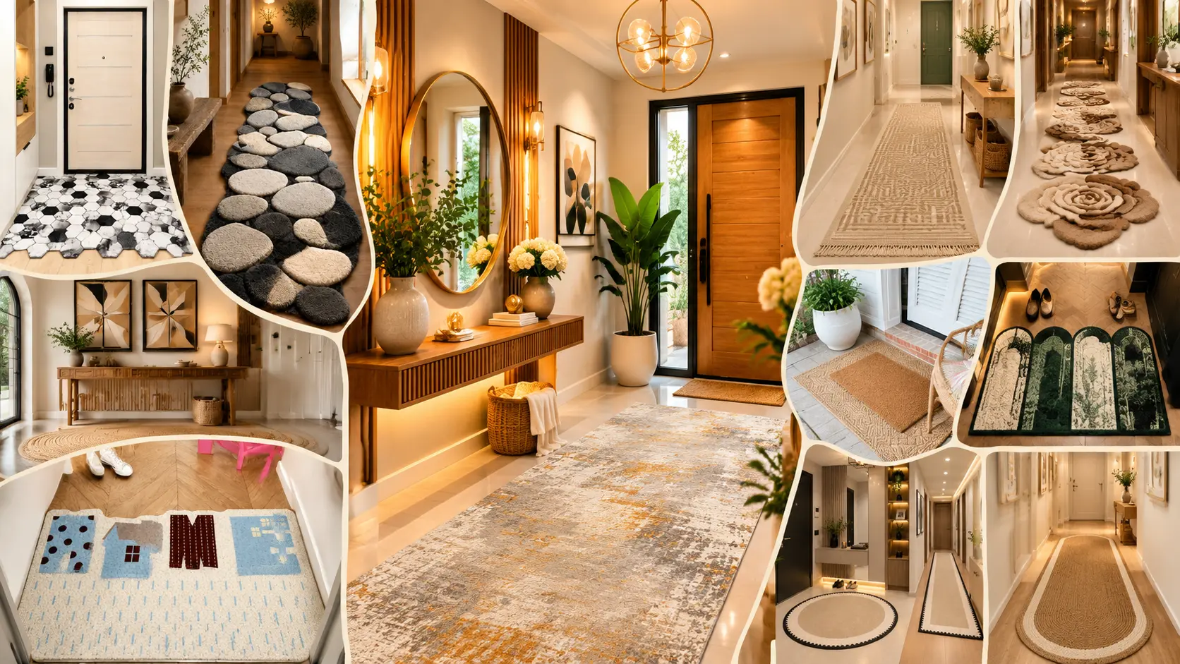 Beautiful entryway rug ideas featuring vintage runners, round jute rugs, geometric patterns, floral rugs, and cozy welcome mats in stylish home entrances.