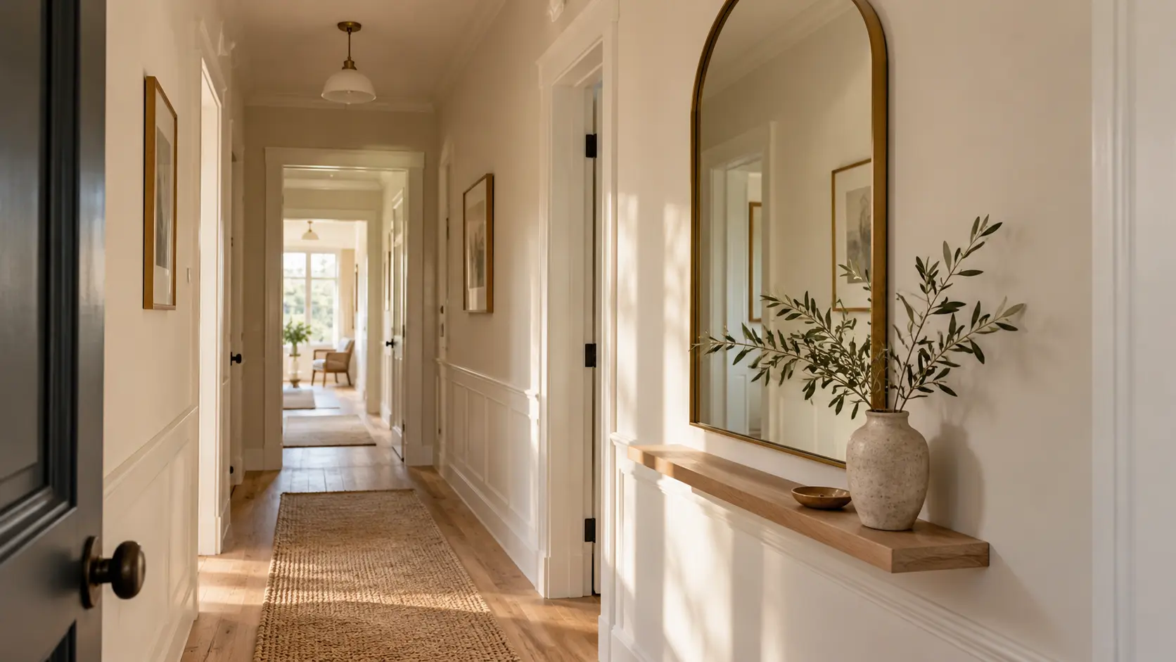Narrow hallway with an arched mirror above a floating oak shelf, a ceramic vase with leafy branches, and a woven runner.