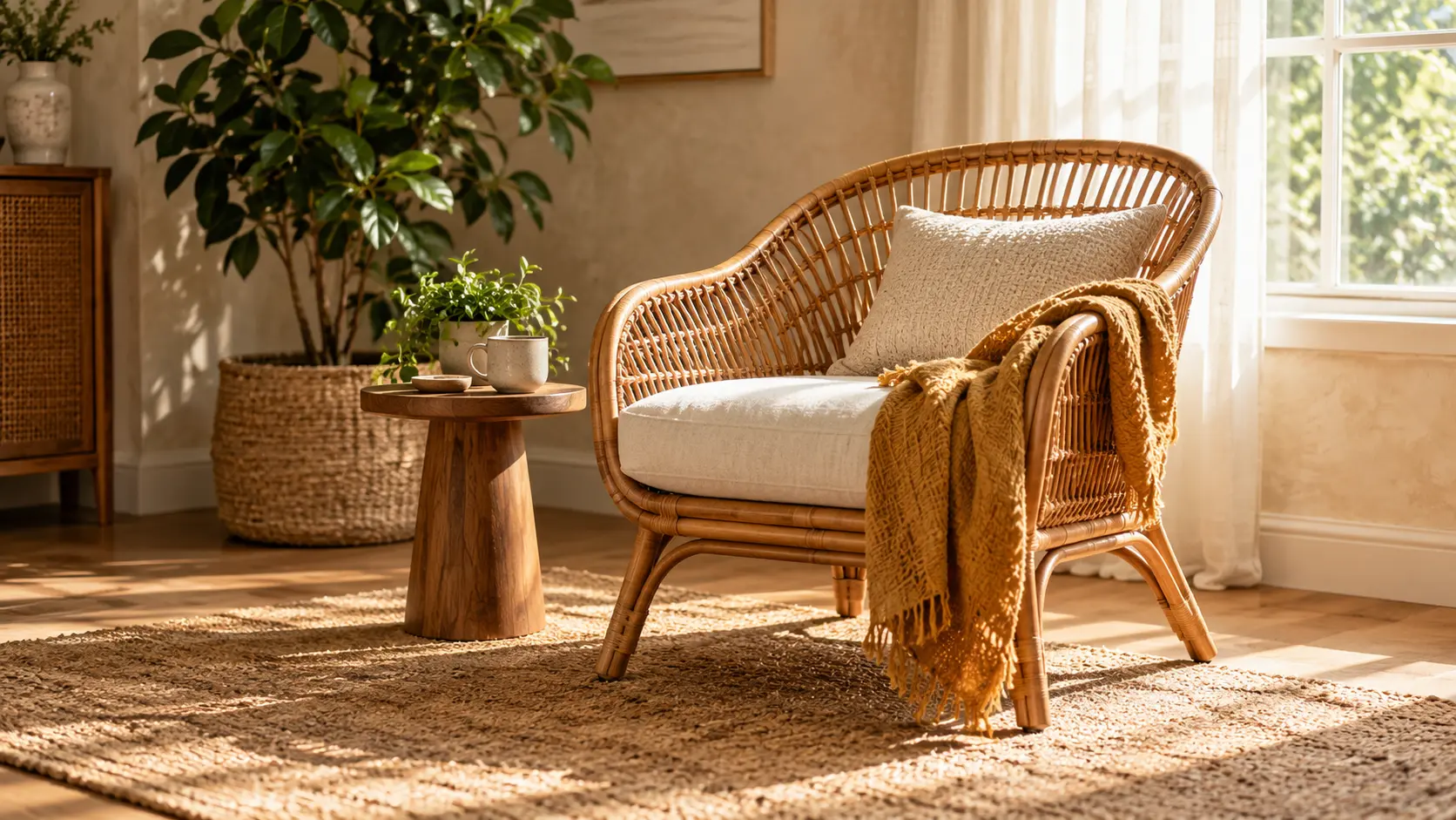 Rattan chair with cream cushions and a mustard throw beside a wooden side table and leafy plants in a sunlit living room corner.