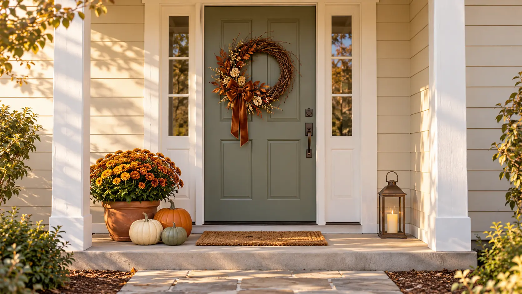 Welcoming Thanksgiving front porch with a sage green door, autumn wreath, three pumpkins, orange flowers, and a glowing lantern.
