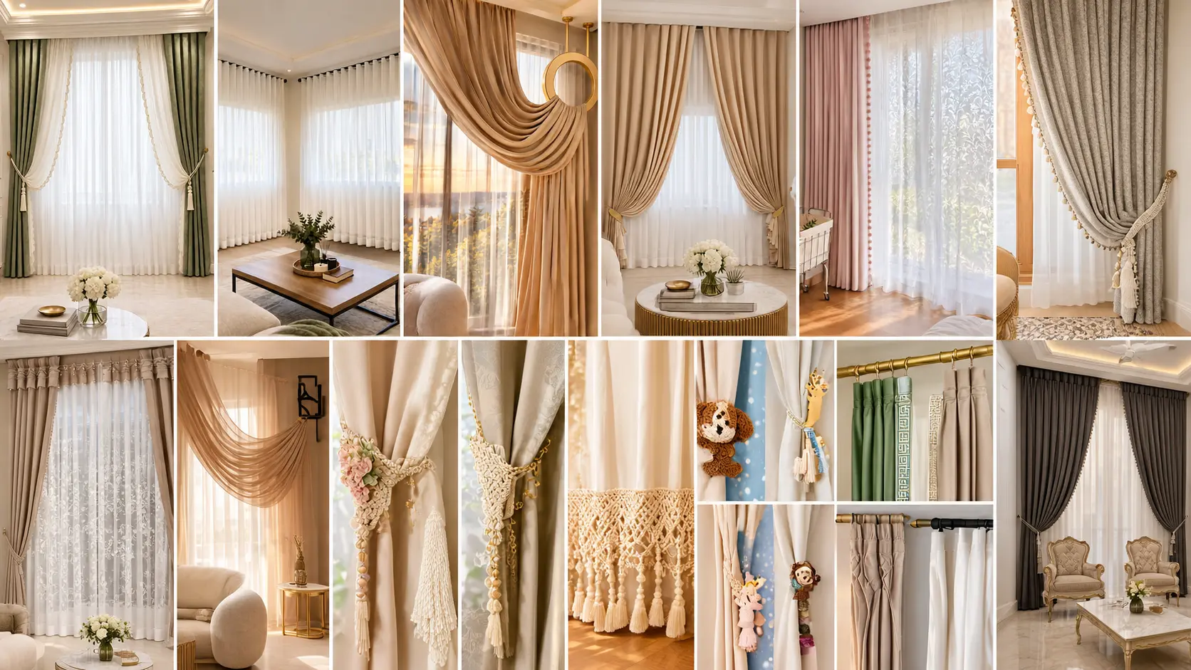 13 beautiful curtain ideas for living rooms featuring airy white sheers, elegant layered drapes, decorative tiebacks, textured fabrics, and cozy modern window treatments.