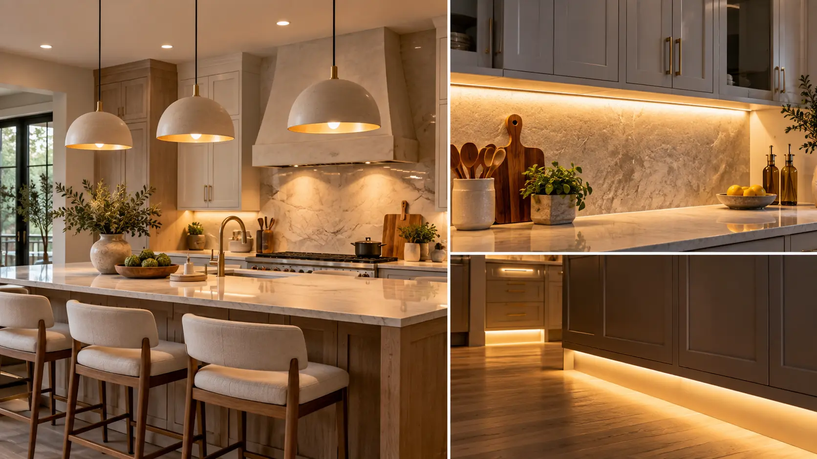 Modern kitchen featuring pendant lights, under-cabinet lighting, and toe-kick lighting for a brighter, more inviting space.