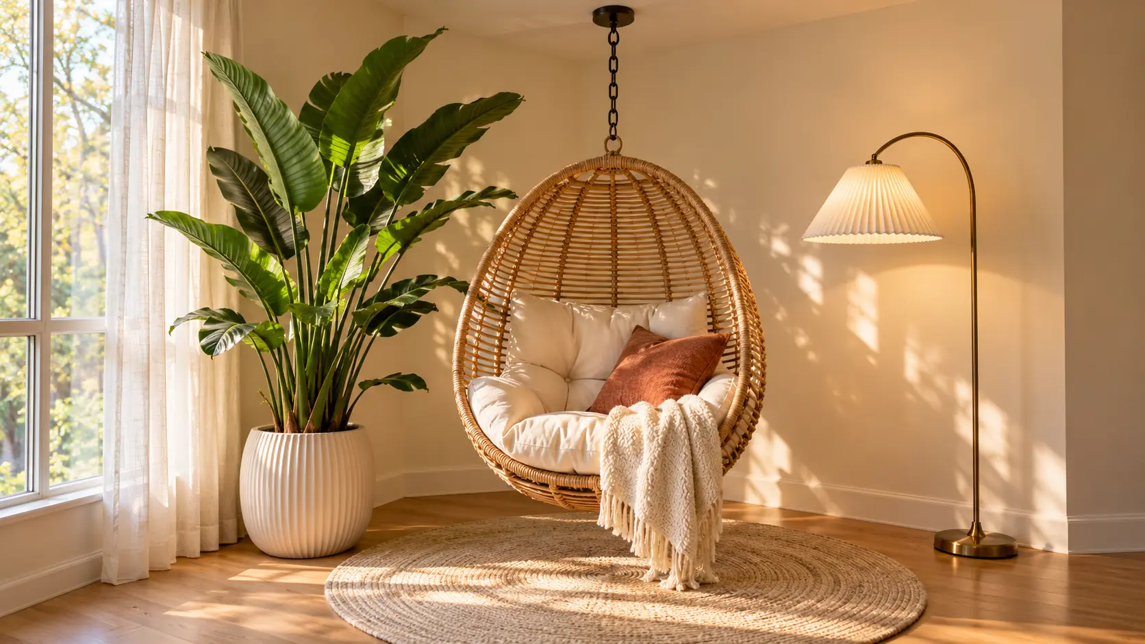Corner wall decor for an awkward empty space featuring a rattan hanging chair, tall leafy plant, and brass floor lamp.