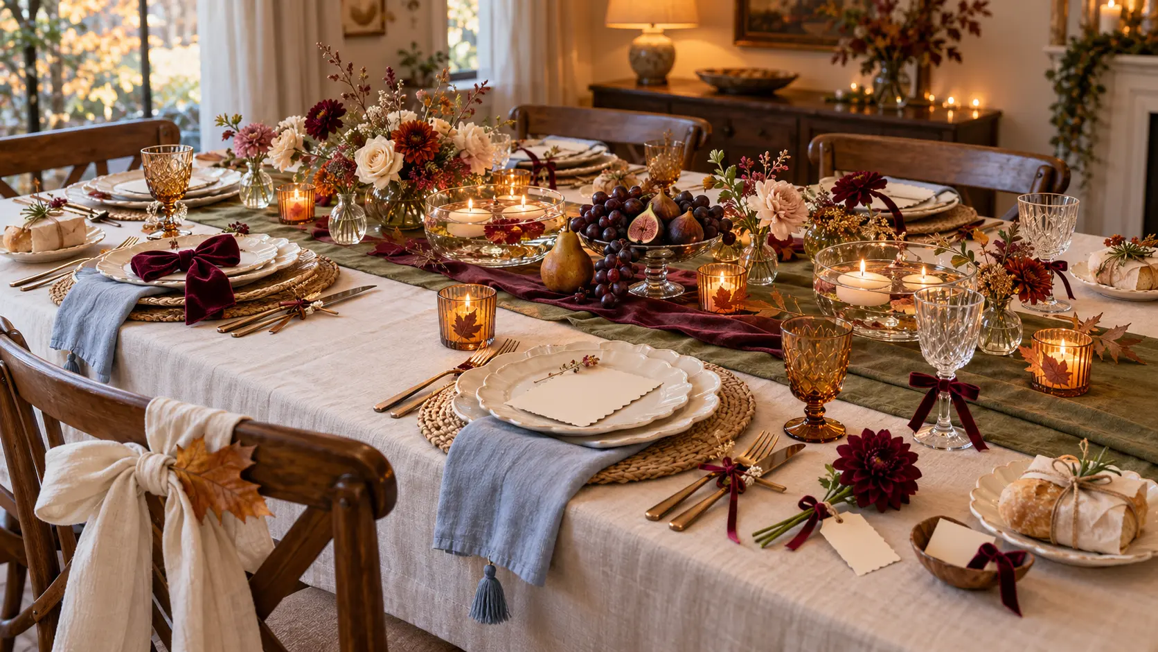 Thanksgiving table with floating candles, burgundy flowers, blue napkins, layered plates, fruit centerpiece and personalized guest details.