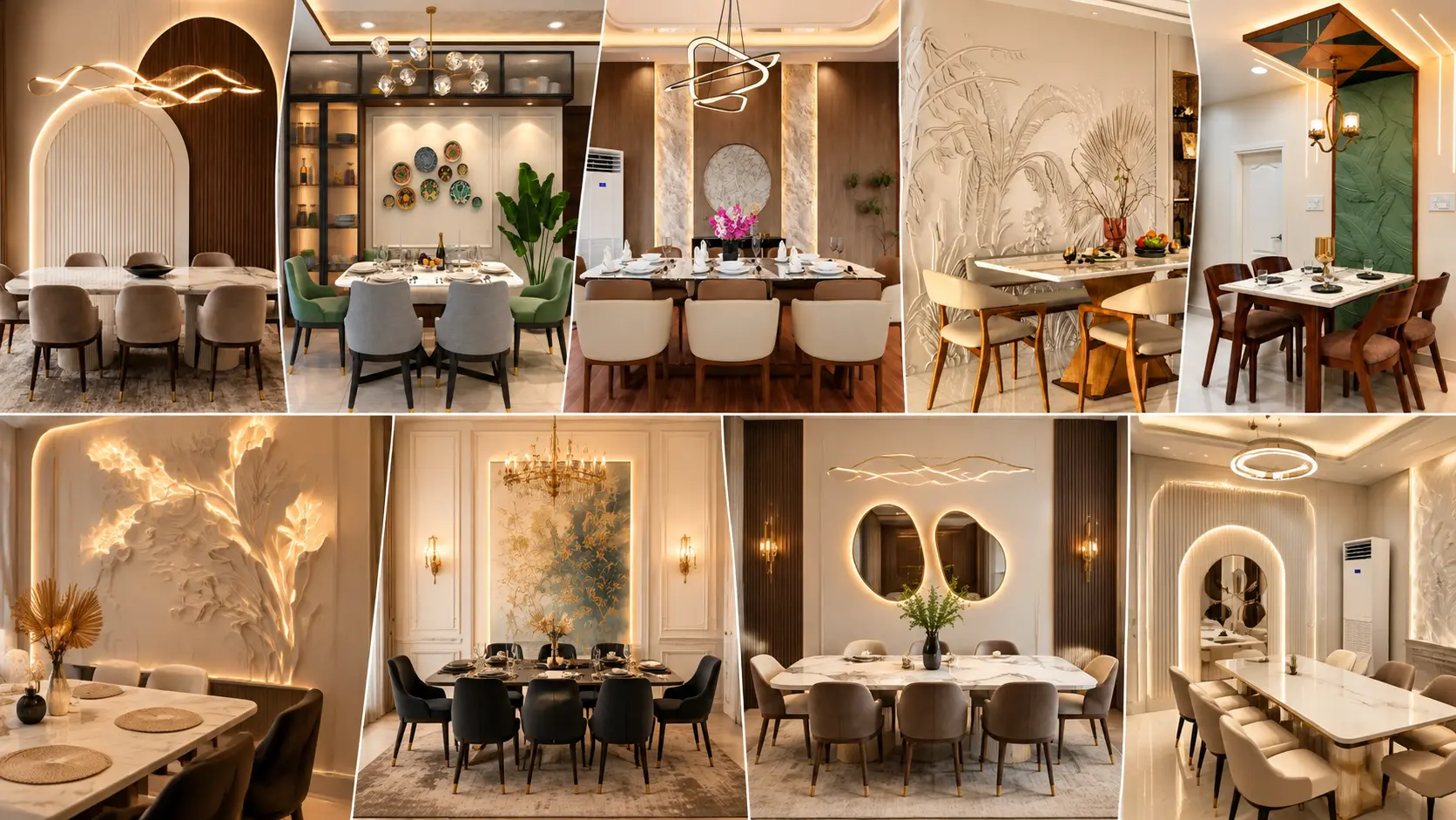 Nine elegant dining room wall decor ideas featuring textured panels, botanical accent walls, sculptural mirrors, illuminated arches, and modern luxury interiors.