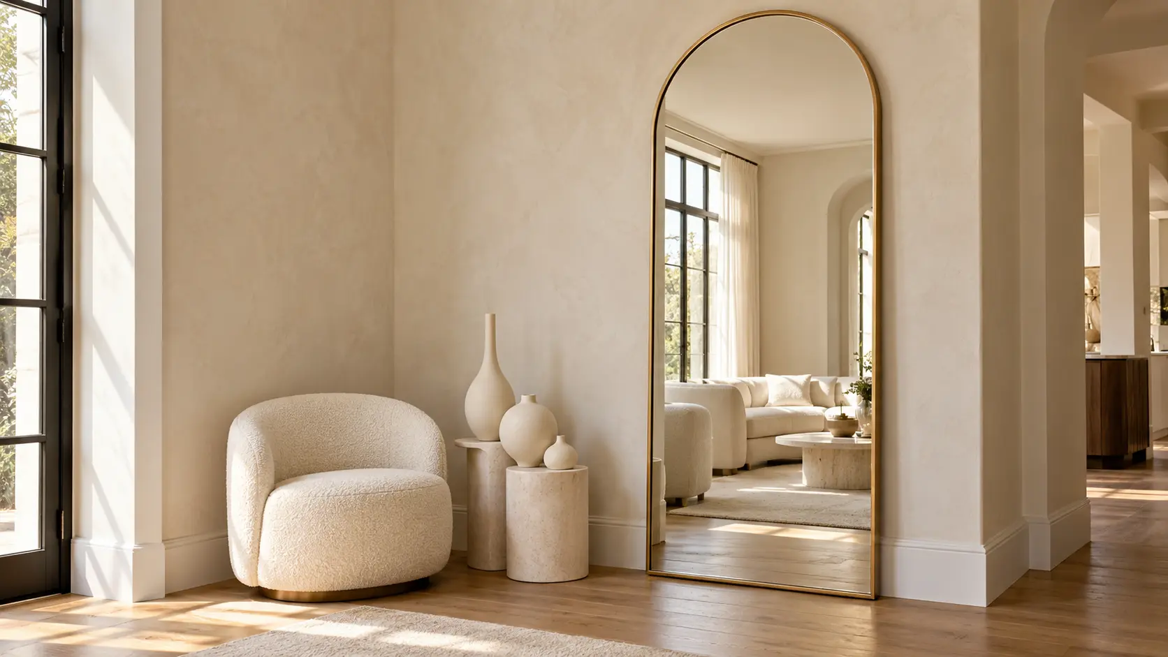 Tall gold-framed arched mirror beside a cream boucle chair and ivory ceramic vases in a sunlit entryway with warm wooden flooring.