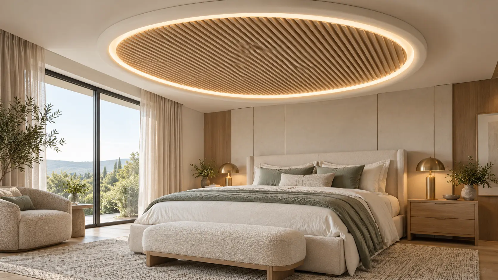 Modern bedroom with an oval wood slat ceiling, warm recessed lighting, and a cream bed with sage bedding.