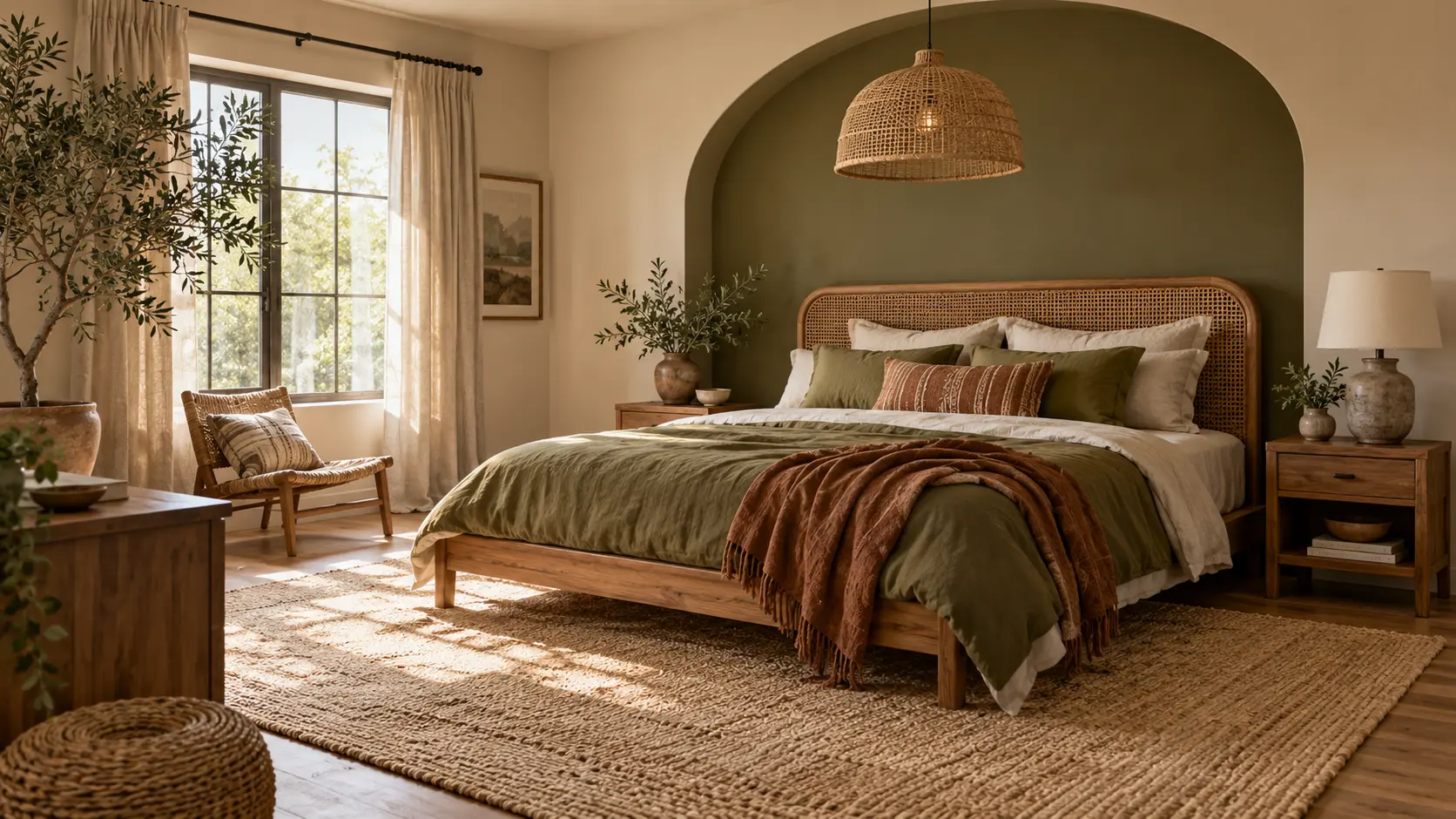 Relaxed boho bedroom with an olive green arch, woven headboard, layered linen bedding, and natural wood furniture.