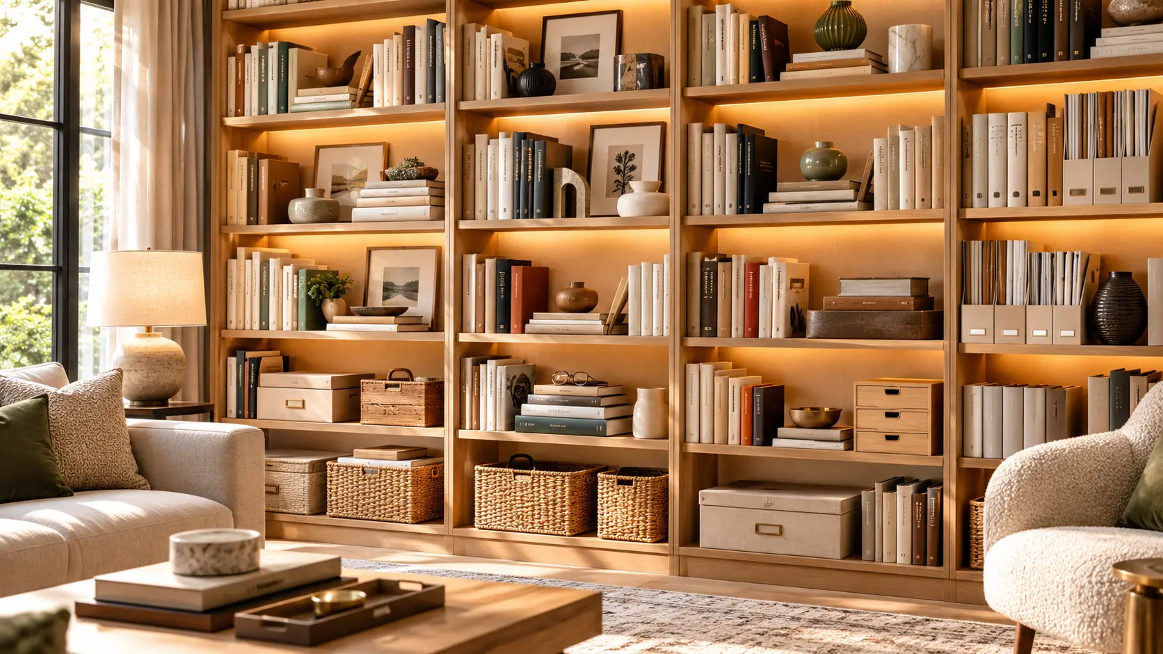 Modern organized bookshelf with books, woven baskets, storage boxes, magazine holders and stylish accessories in a warm living room.