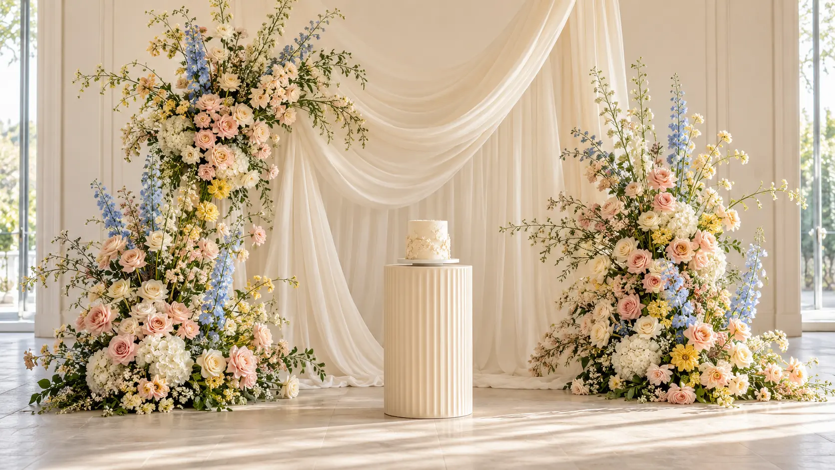Bridal shower decoration with ivory drapes, pastel pink, blue, and yellow flowers, and a cake on a ribbed white pedestal.