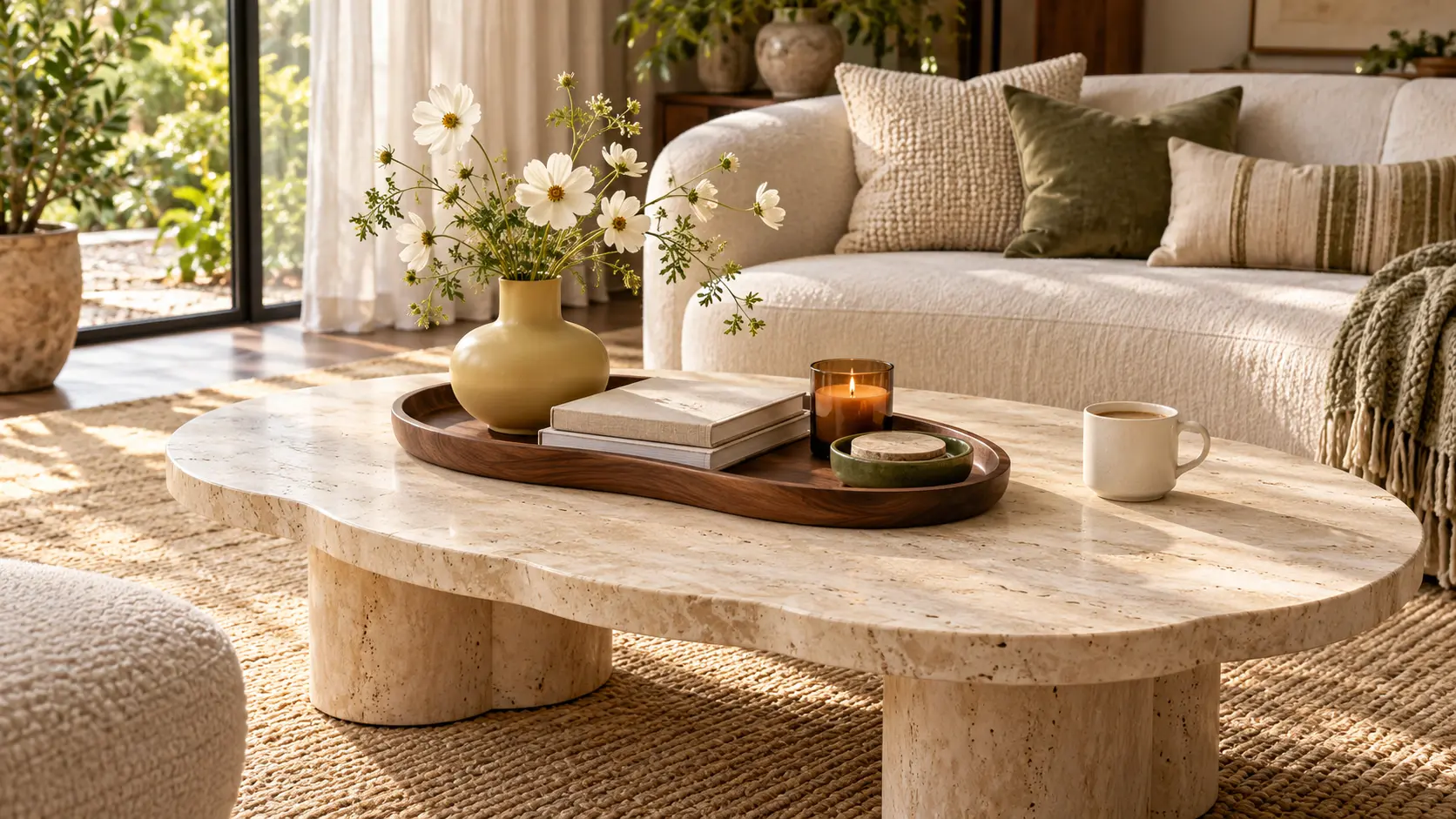 Oval travertine coffee table styled with a wooden tray, white flowers, books, and an amber candle in a cozy living room.