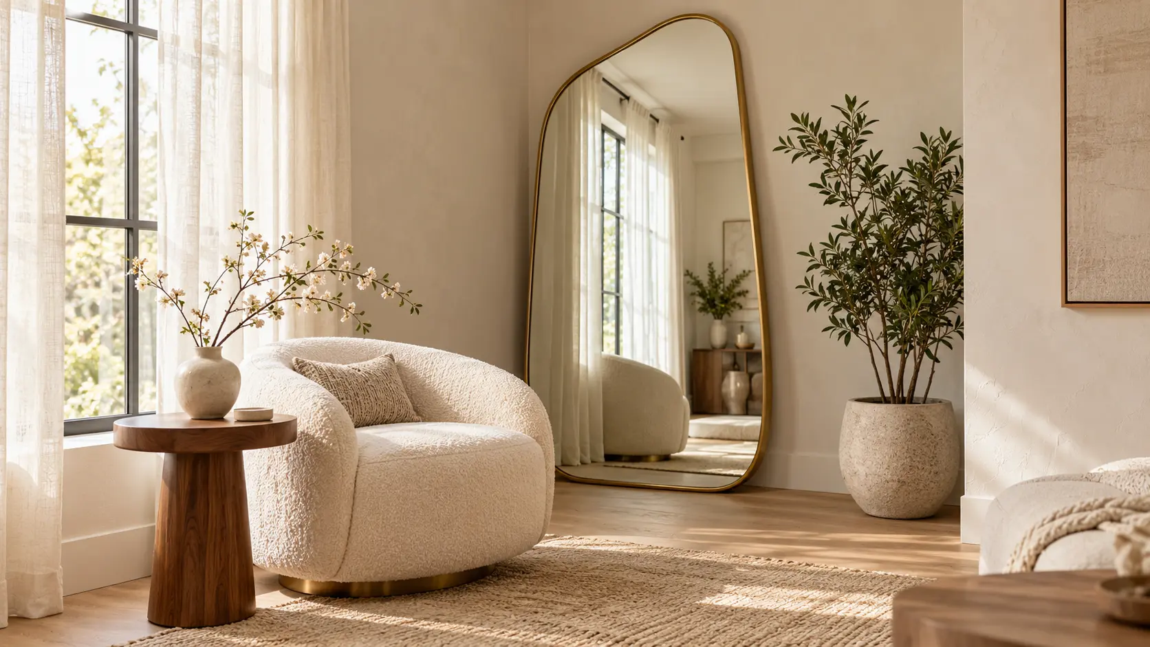 Gold-framed corner mirror beside a cream accent chair, wooden side table, and leafy plant in a sunlit living room.