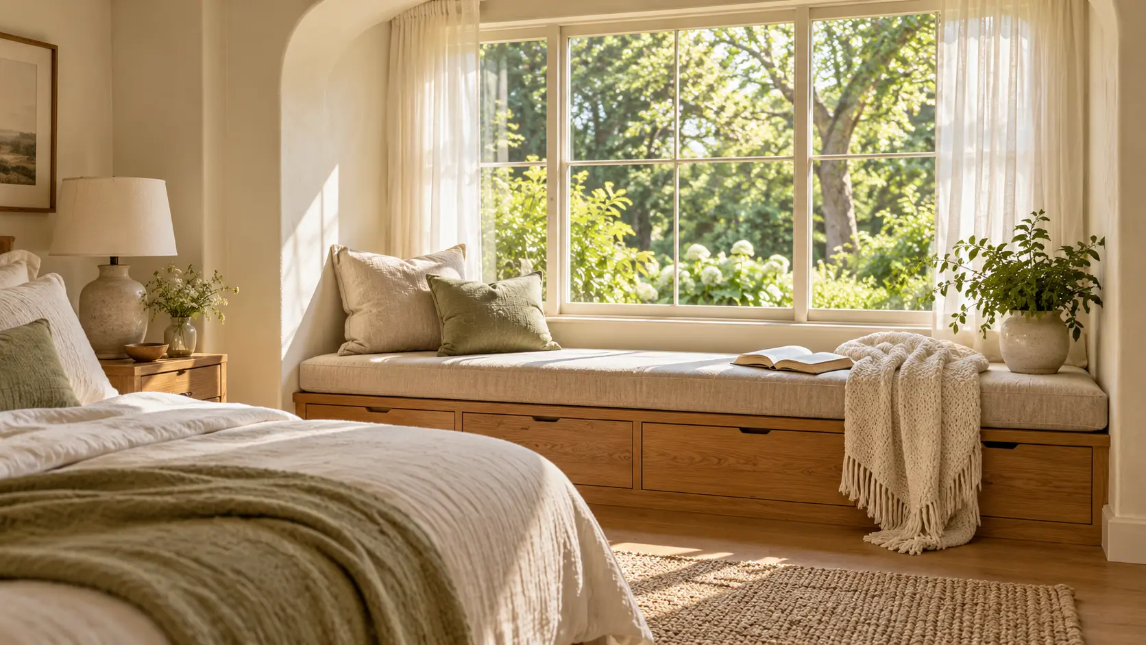 Cozy bedroom window seat with neutral cushions, oak storage drawers, a knitted throw, and sheer curtains overlooking a leafy garden.