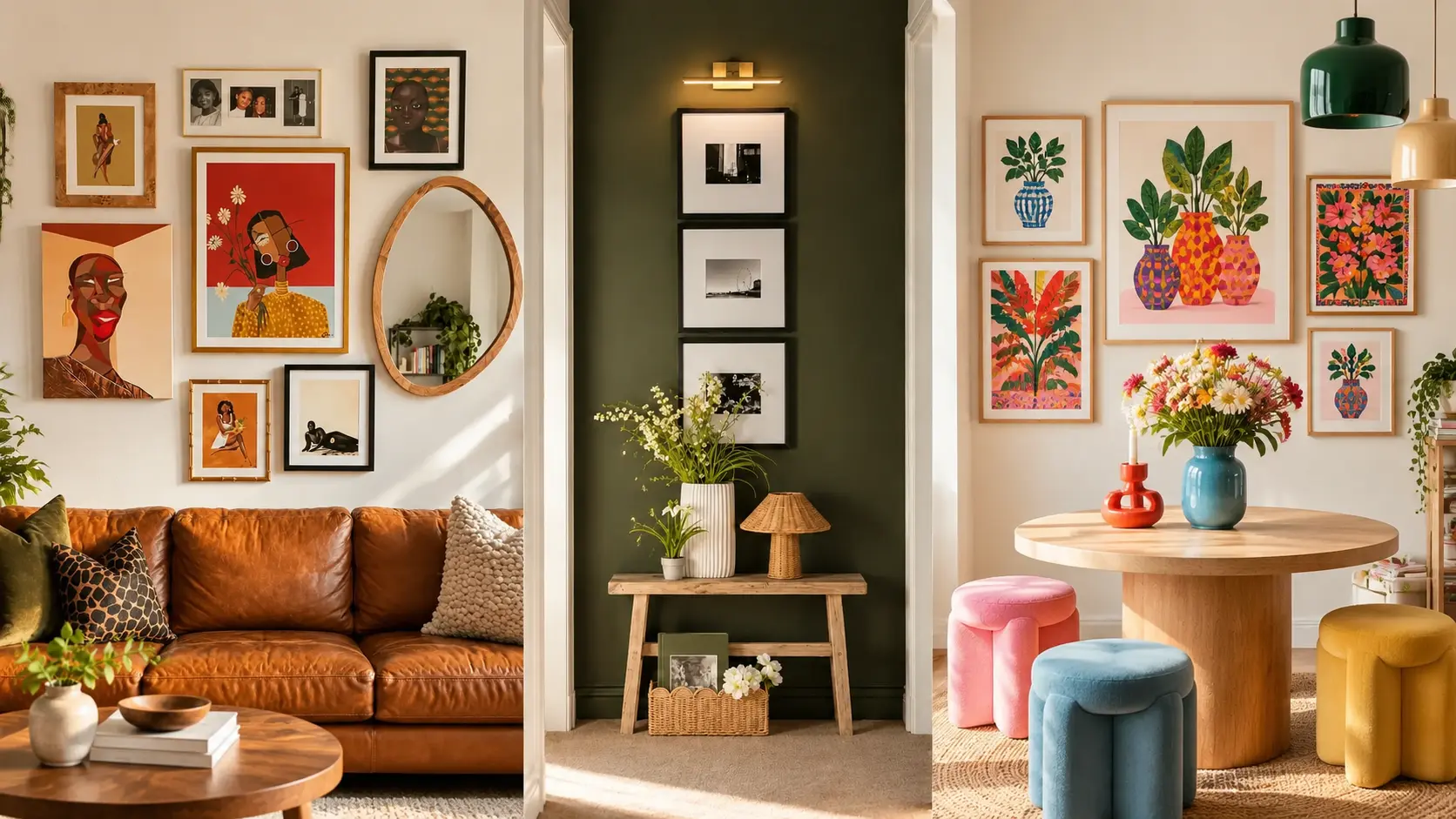 "Stylish gallery wall ideas featuring colorful framed artwork above a leather sofa, minimalist black frames on an olive green wall, and bright botanical prints in a dining room."