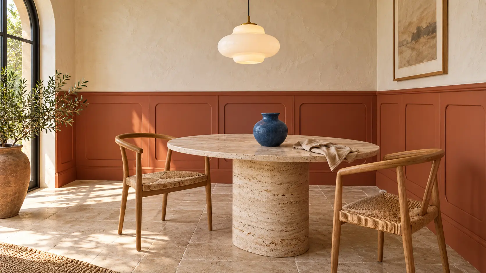 Terracotta half wall paneling in a dining nook with cream plaster walls, an oval stone table, woven oak chairs, and a blue ceramic vase.