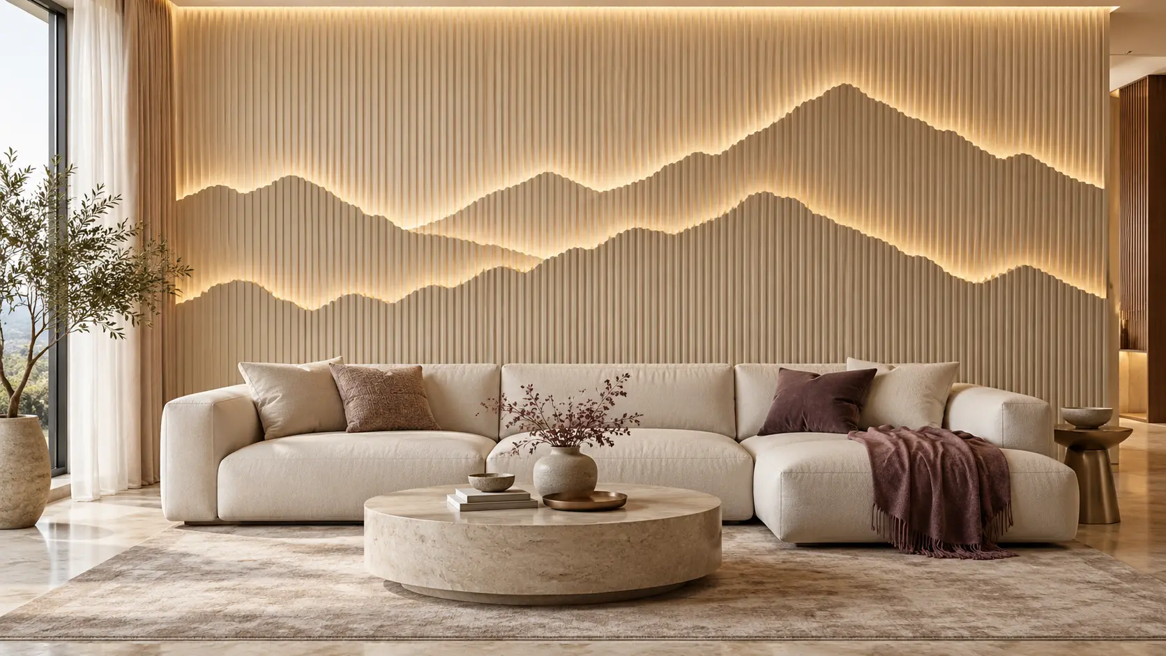 Cream couch beneath a large fluted wall with warm backlit mountain shapes in a neutral living room.