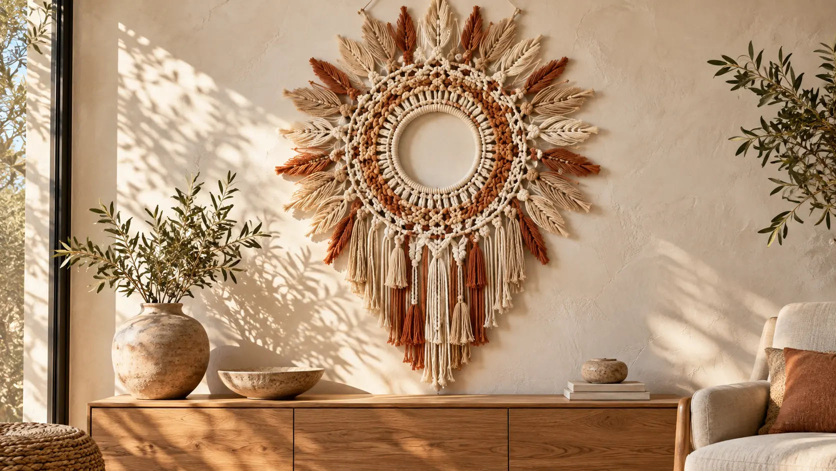 Cream and terracotta sunburst macrame wall hanging above a wooden console in a sunlit boho living room.