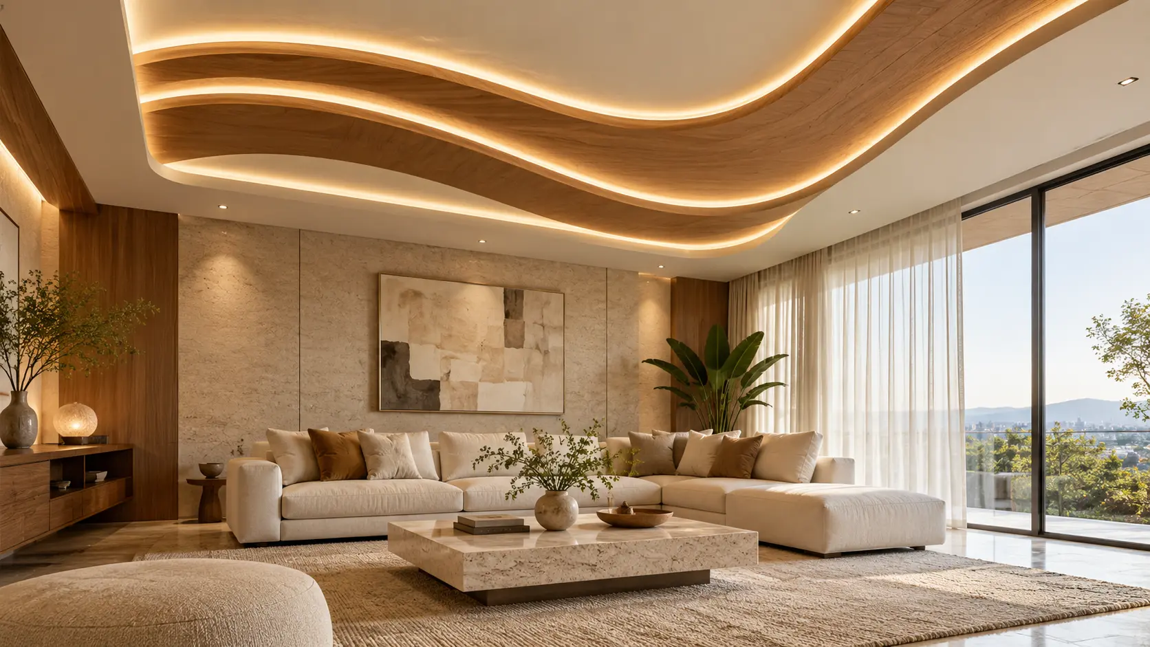 Modern living room with curved wooden ceiling panels, warm LED profile lighting, and a cream sectional sofa.