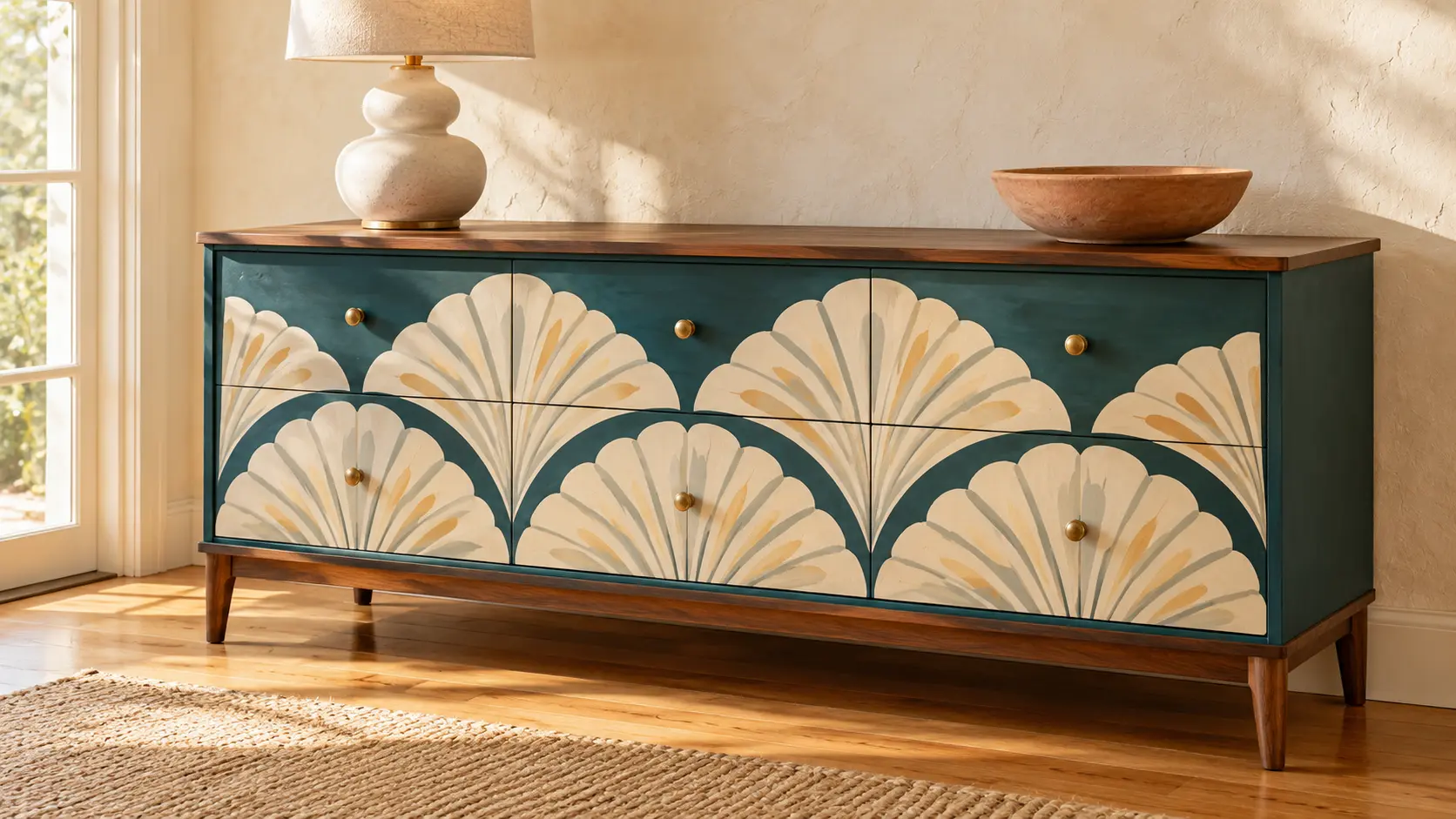 Teal painted dresser with ivory fan patterns, a walnut top, and brass knobs against a warm cream wall.