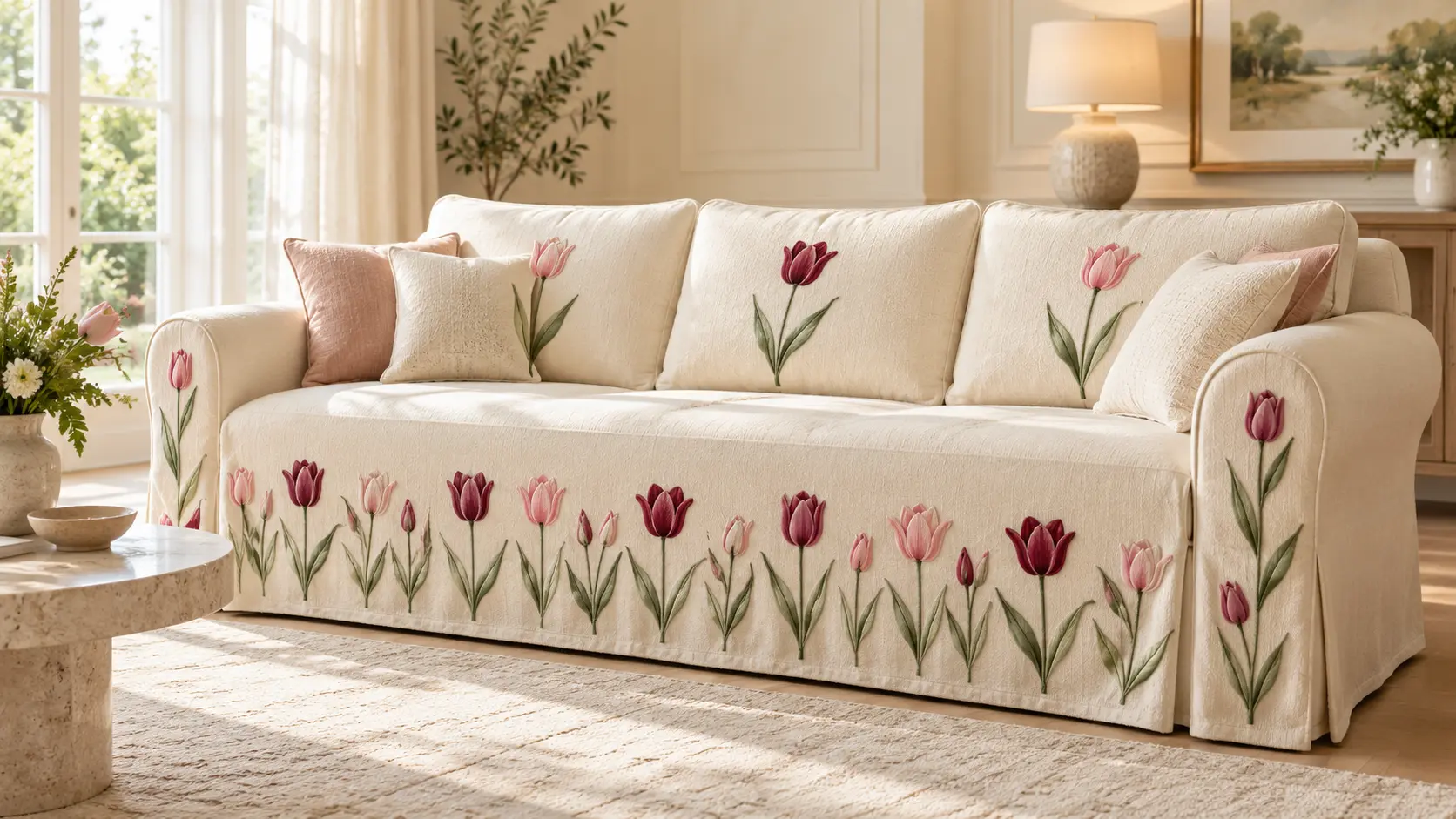 : Cream sofa cover with pink and burgundy tulip embroidery in a sunlit living room.