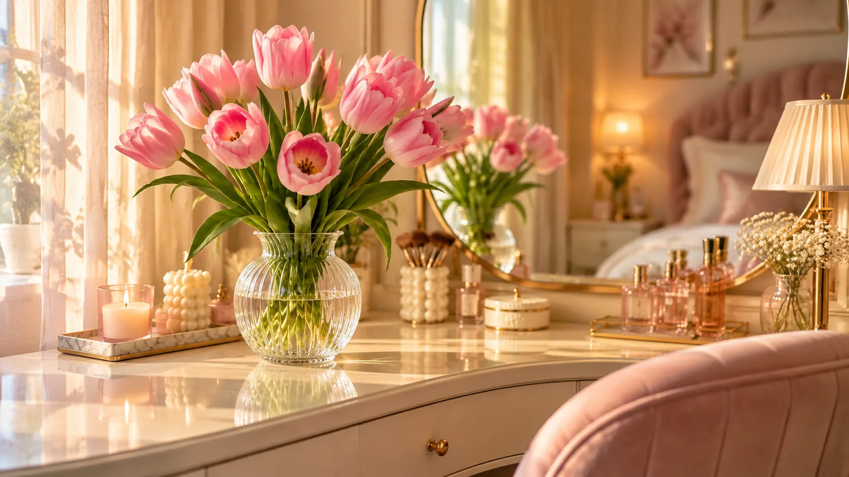 12 beautiful vanity decor ideas, from pink tulips and light-up mirrors to cozy sofas, fluffy rugs, and fairy lights for a dreamy makeup space.