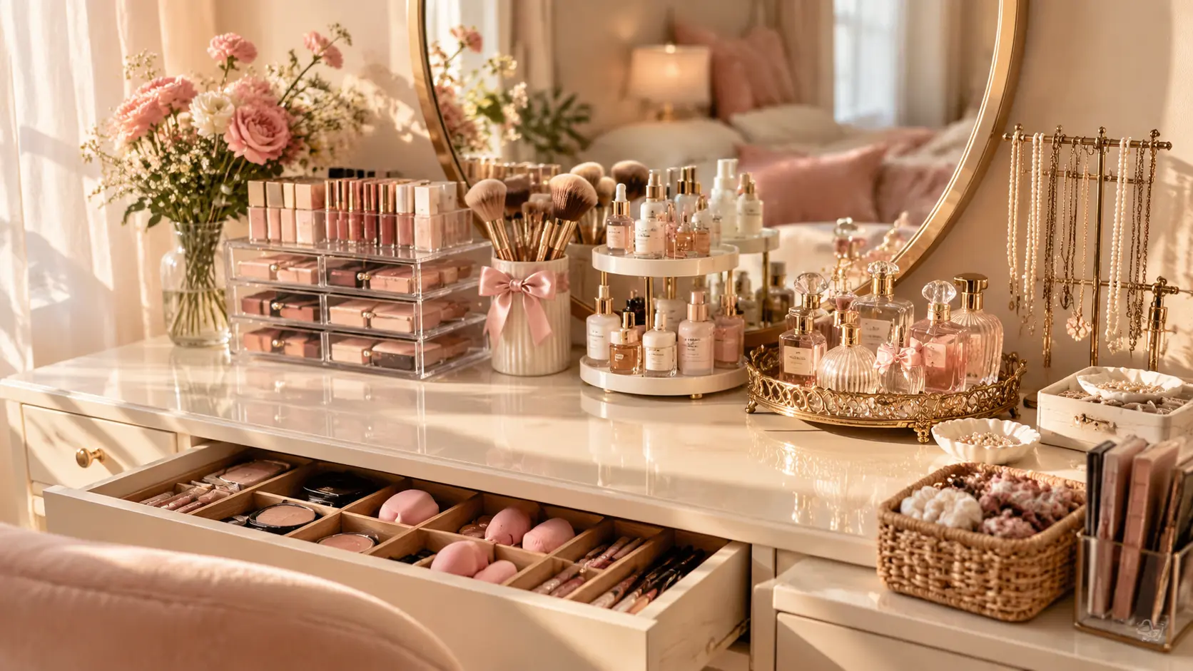 Beautiful Pinterest-style vanity organization with acrylic makeup drawers, skincare organizers, perfume trays, jewelry storage, and pink decor.